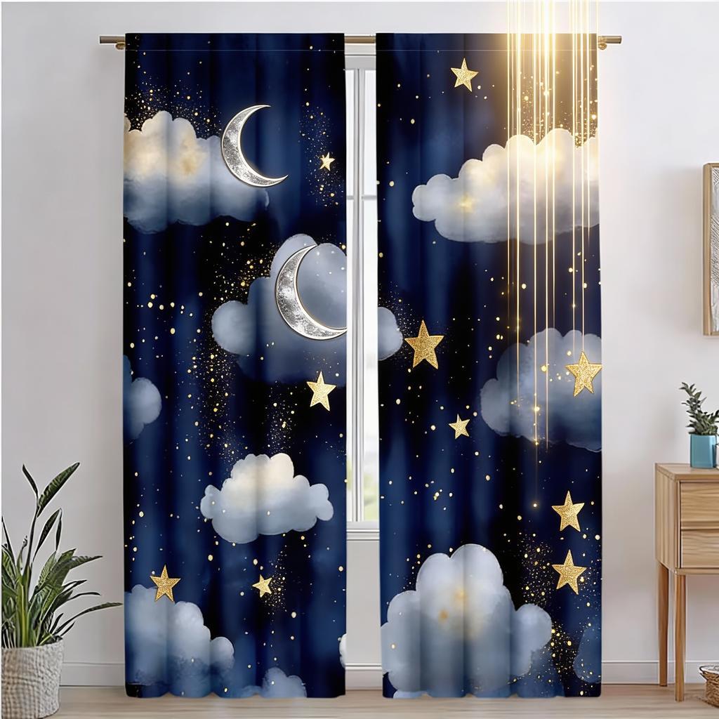 2 Pezzi Tende Oscuranti Stile Classico, Cielo Notturno Acquerello Blu Scuro con Stelle, Tende in Poliestere per Camera da Letto Bambini Bagno