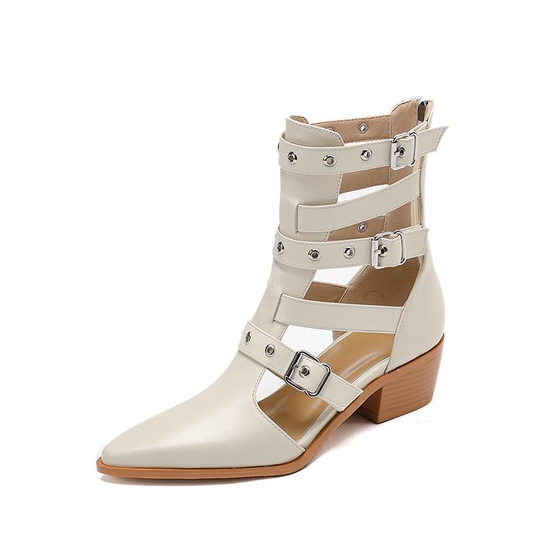 

Fashion Women s new pointed spring leather cowhide retro rivet belt buckle mid heel plus size and calf hollow breathable short boots 245 бежевый