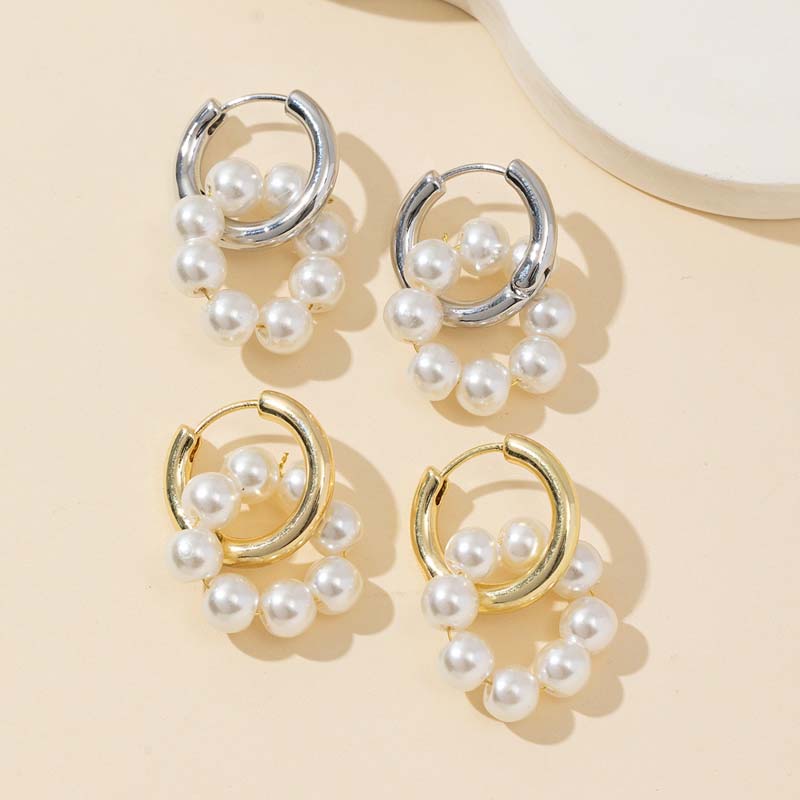 Fashion Metal Pearl Beaded Drop Earrings for Women Vintage Gold Color Geometric Round Ear Buckle Earrings Jewelry Accessories