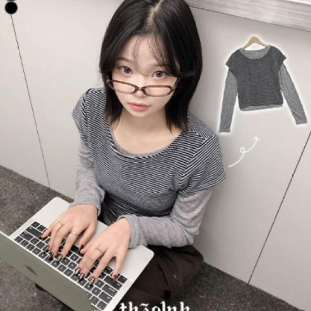The Pink Layered Sheer Long Sleeve T shirT sTripe shorT Sleeve T shirT seT
