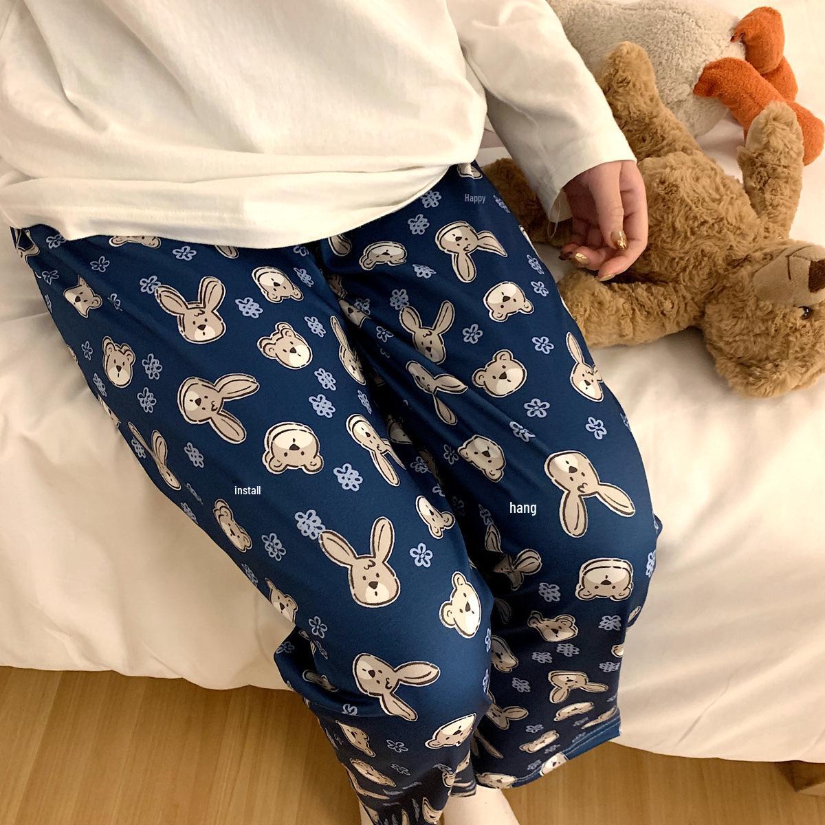 Women s Milk Silk Faux Cotton Printed Loose Pajama Pants for Spring/Summer