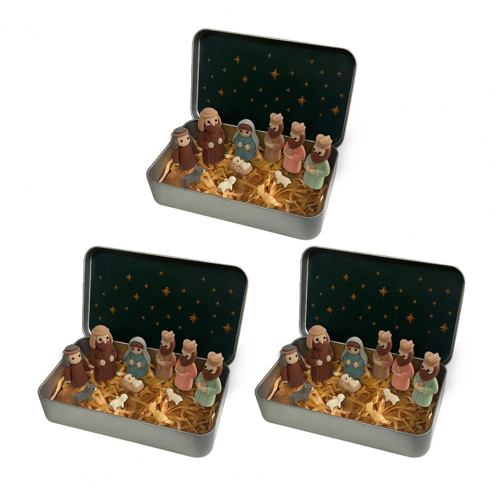 1/2/3Pcs Mini Nativity Scene Set in Tin Box Handcrafted Pocket Size Nativity Scene Tin Resin Birth of Jesus Ornament Christmas D