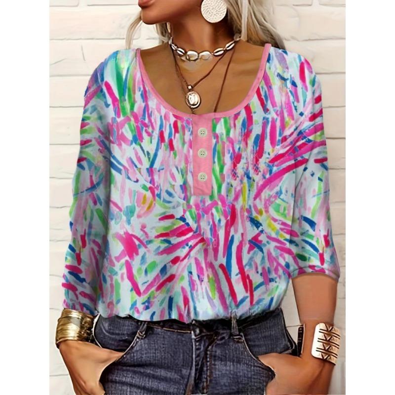 Women's V-neck Casual Ethnic Style Printed Button Up Oversized Women's T-shirt