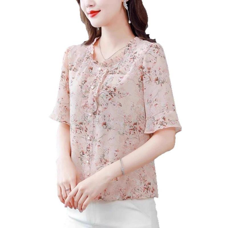 Summer New Style Five-Quarter Sleeve Chiffon Shirt for Women, Stylish Floral Print Top That Covers the Belly, Thin Base Layer Shirt