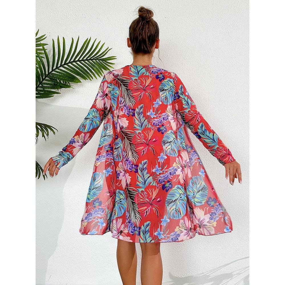 Kvinner tredelt bikinisett Høy midje shorts badedrakter Langermet utskrift Cover Ups Beach Biquinis feminino