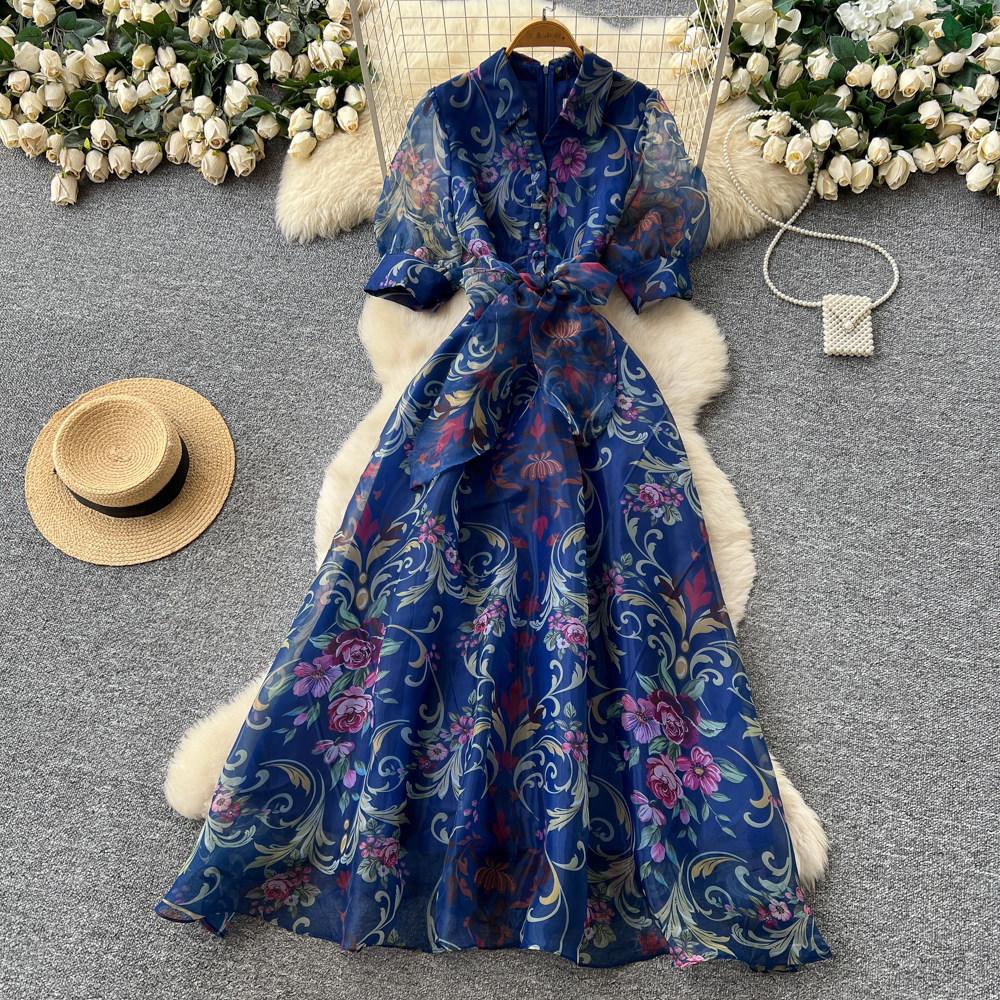 French Court Style Retro Printed Dress Women's Spring and Summer Lapel Collar Waist Strap A Word Long Dress Commuting
