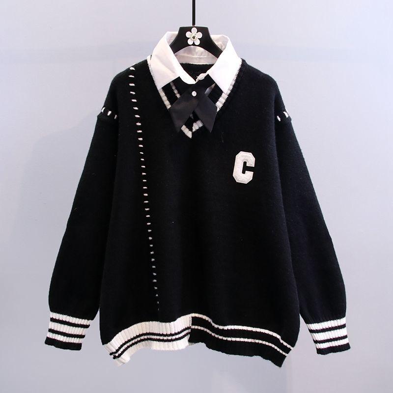 

Женский зимний свитер JK с длинным рукавом и V-образным вырезом, большой размер, повседневный, с длинным рукавом, большой размер, трикотажные топы в стиле колледжа XS