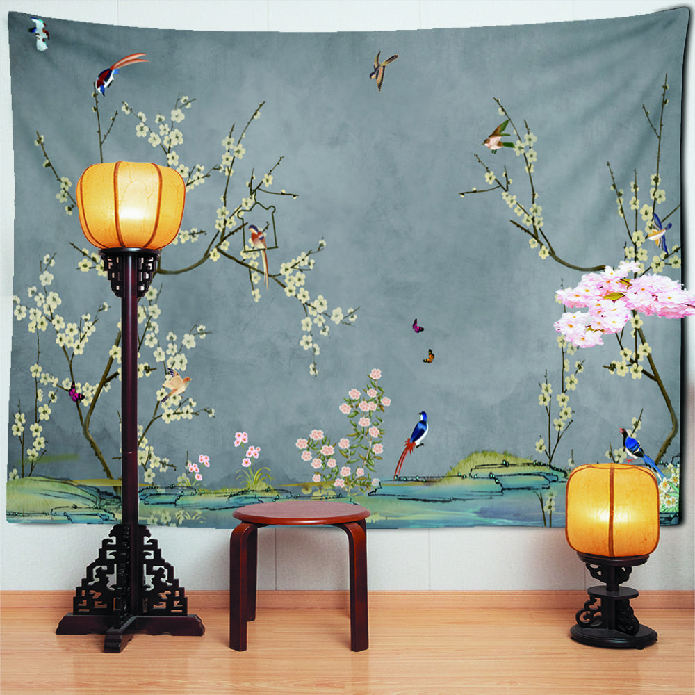 Obraz Kwiaty i Ptaki Orchidea Świeży Gobelin do Powieszenia na Ścianie Prosty Chiński Styl Boho Dekoracja Pokoju w Akademiku