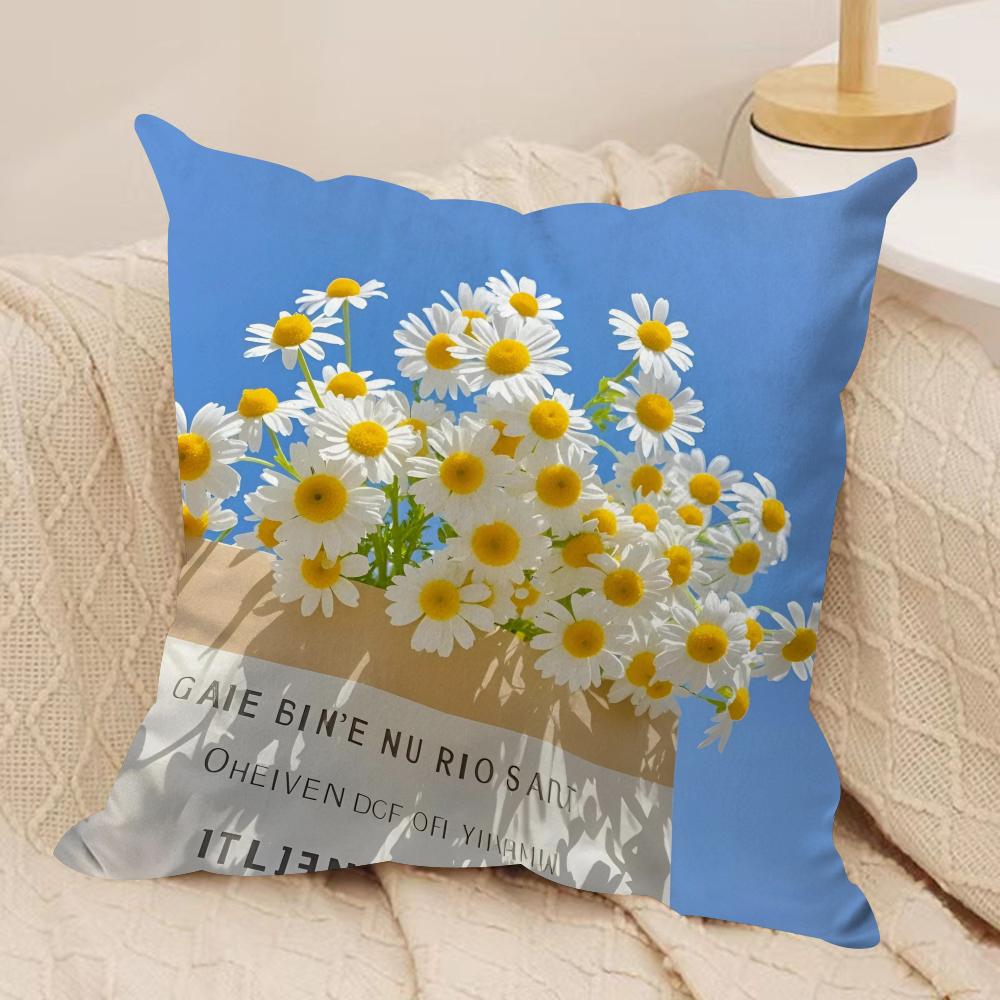 Flower Daisy Cushion Cover Soft Plush Fabric Double-Sided Printed Sofa Cushion Cover for All Seasons Home Decor Gift