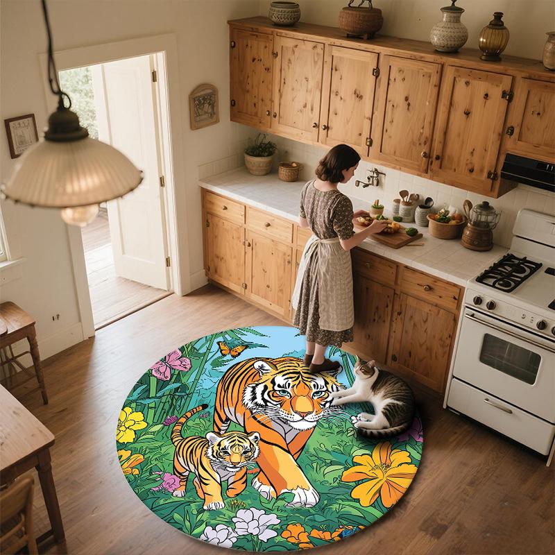 Bamboo Forest Tiger,Round Area Rug,Carpet Rug for Living Room Bedroom Sofa Playroom Decor,Non-slip Floor Mat