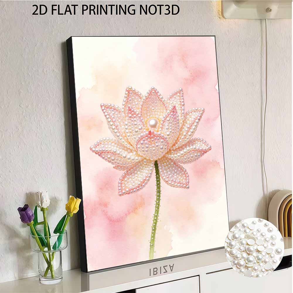 DIY Frameless Pearl Painting Kit Elegant Pink Lotus Flower 3D Shiny Bead Art Canvas Relaxing Craft for Adults Home Wall Decor Gift