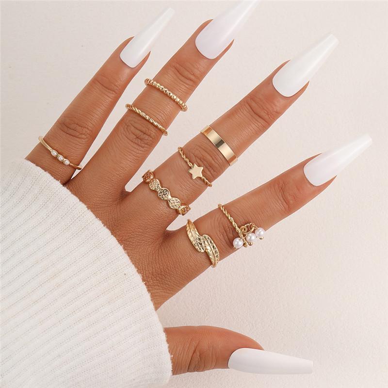 LETAPI Bohemian Vintage Heart Geometric Ring Set For Women Gold Color Boho Butterfly Pearl Hollow Leaves Rings Jewelry Gifts