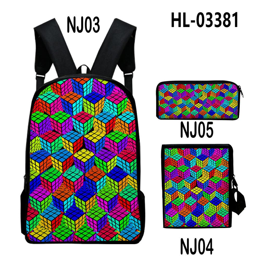 Classic Novelty Creative color blocking 3D Print 3pcs/Set School Bags Laptop Daypack Backpack Inclined shoulder bag Pencil Case