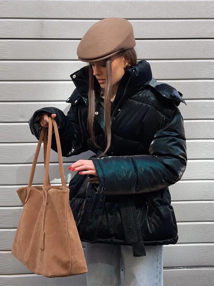 Women's Hooded Long Sleeved Slim Zipper Pocket Winter Jacket
