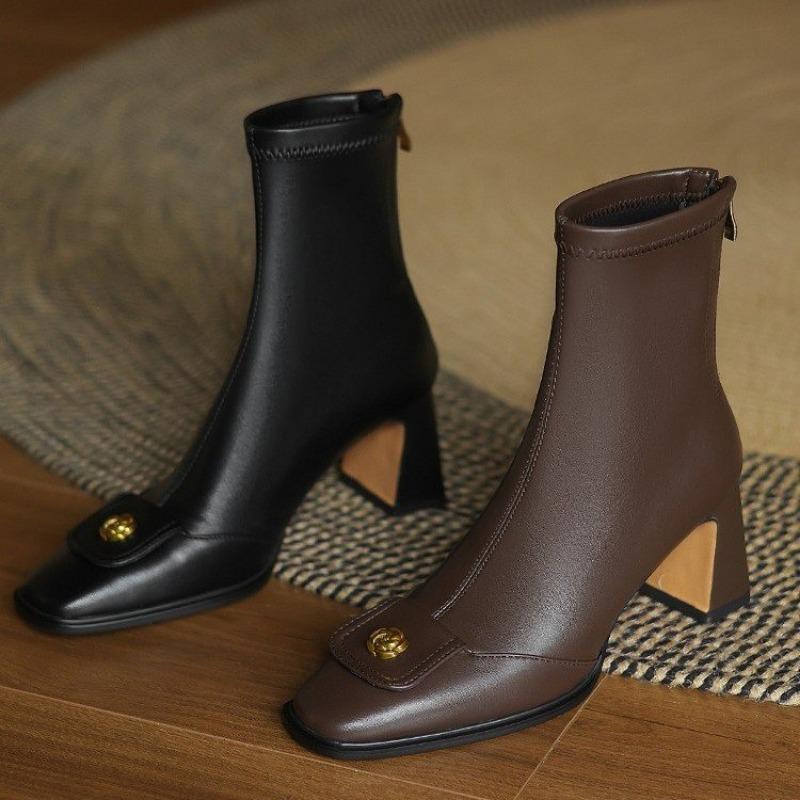 Fashion Vintage Square Toe Women Thin Leg Ankle Boots Autumn Ladies Elegant Party Office High Heel Short Botas Zapatos De Mujer