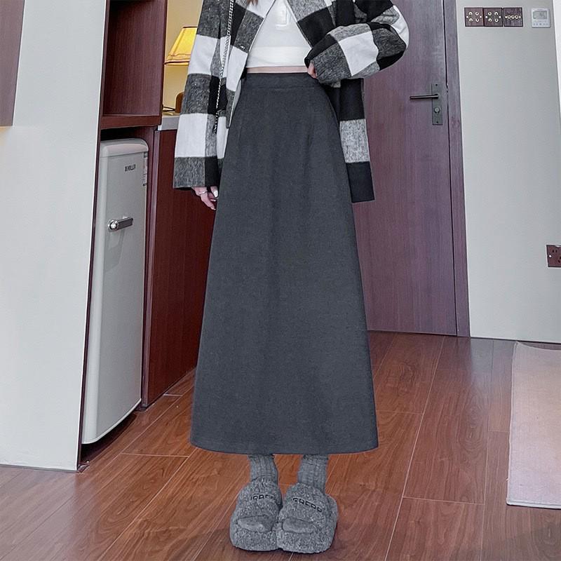 Woolen Korean Style Mid-Length A-line Skirt for Women - Autumn/Winter, Warm, Loose Fit, Hip-Hugging Split Design
