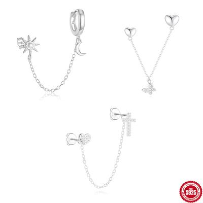 Stylish Vintage S925 Sterling Silver Daily Match Star Moon Tassel Chain Silver Earrings Earrings