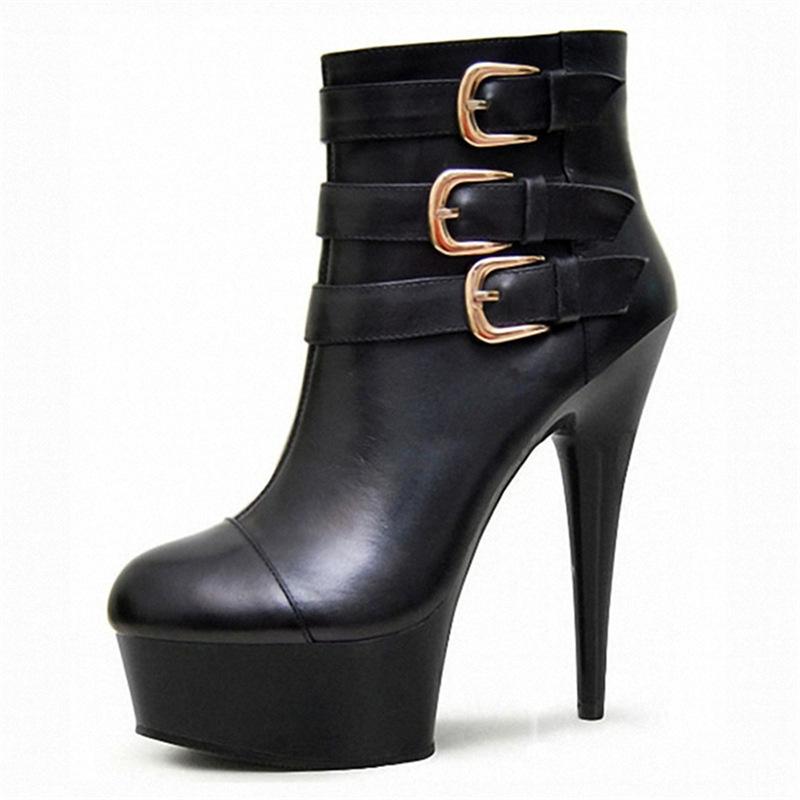 Spring and Autumn Fashion Low Cylinder Buckle Round Head Short Boots Glue Bottom Round Head Black Waterproof Table Ultra High Heel Fashion Boots 20CM