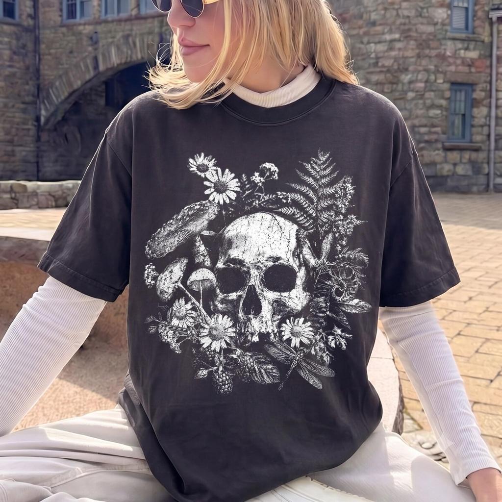 Dark Academia Skull Shirt, Botanical Gothic Tee, Cottagecore Mushroom Top, Witchy Insect Nature Shirt