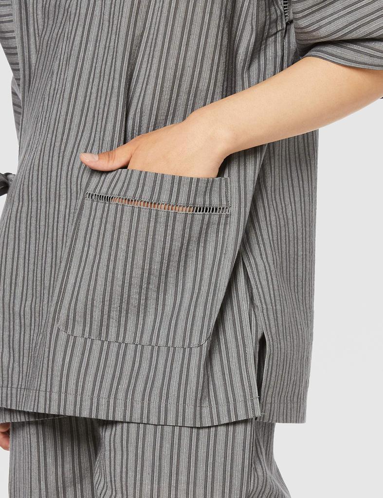 Comme Ca Men's Shijira Stripe Jinbei (with name tag and pocket), Gray, Size M (Japan M)