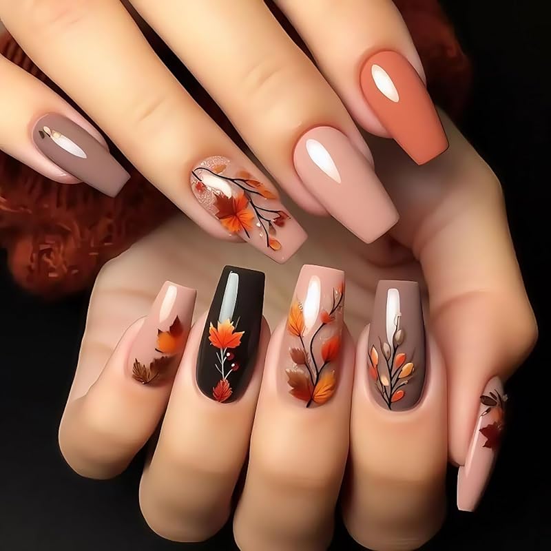 Fall Press on Nails Long Ballerina Coffin Nails Thanksgiving Maple Leaf Acrylic Glue on Nail Glossy Autumn Gold Maple Leaves Fake Nail for Women DIY