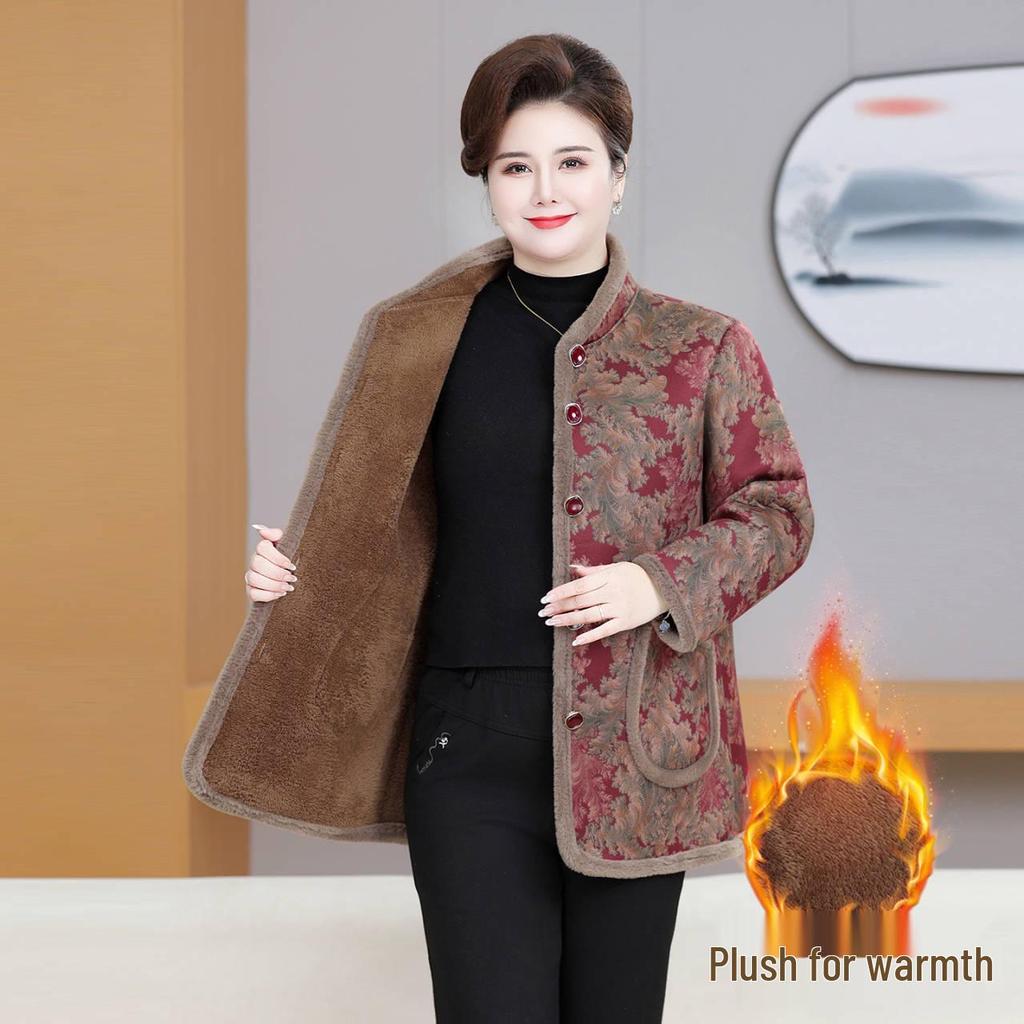 Fat Mama Winter Plus-Size Velvet Cotton Jacket 2025: Chinese Style Coat for Middle-Aged and Elderly Women