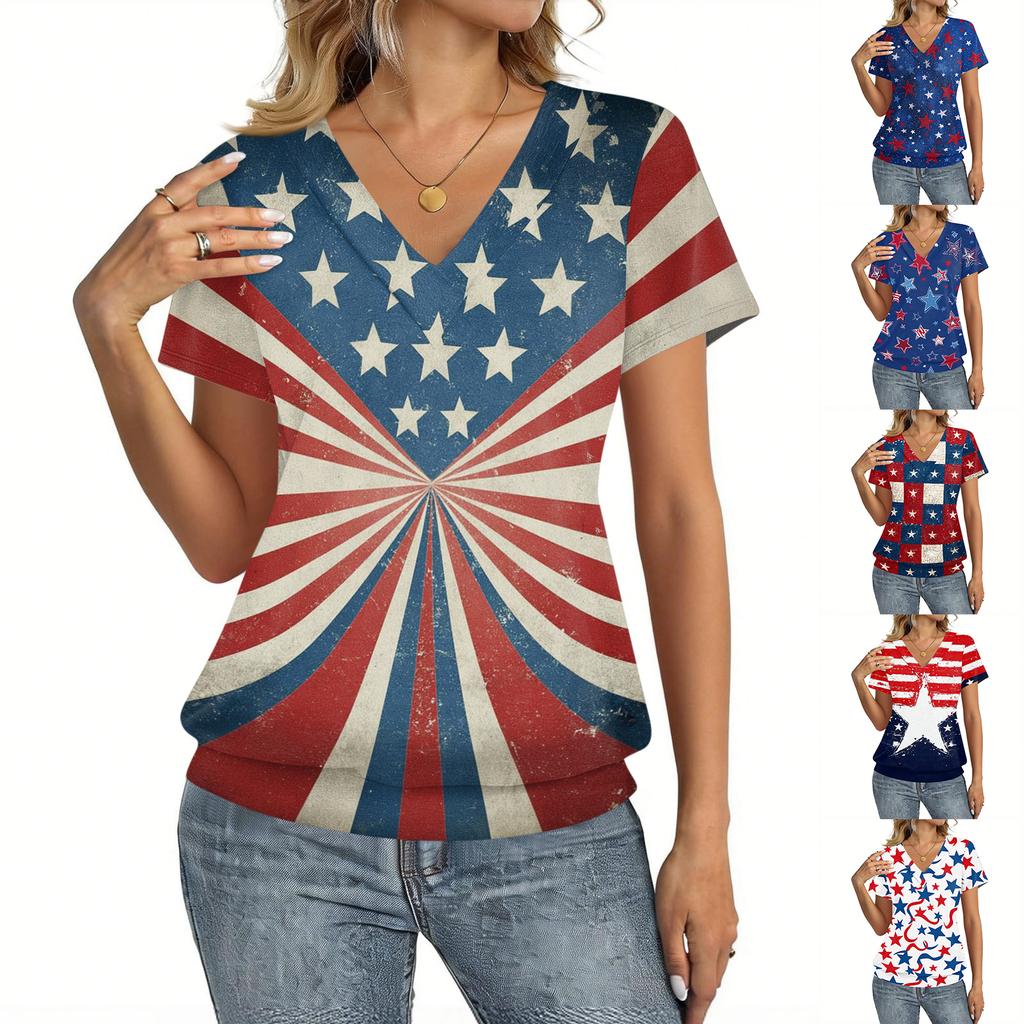 Women Casual Short Sleeve V Neck Top with Star Print Lightweight Breathable Fabric Suitable for Everyday Wear and Outdoor Activities