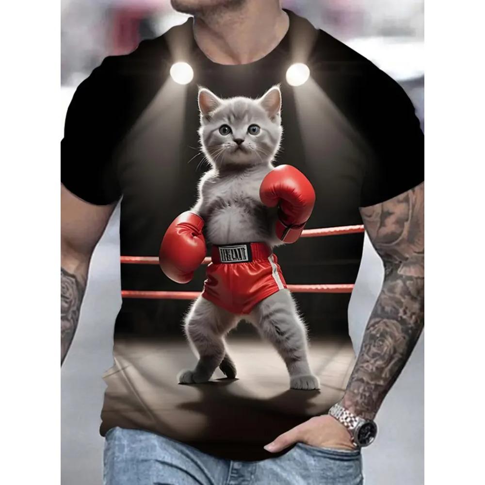 Men's Casual 3D Cute Cat Print T-Shirt, Crew Neck Short Sleeve, Street Sportswear, Outdoor Top, Loose Fit Clothing