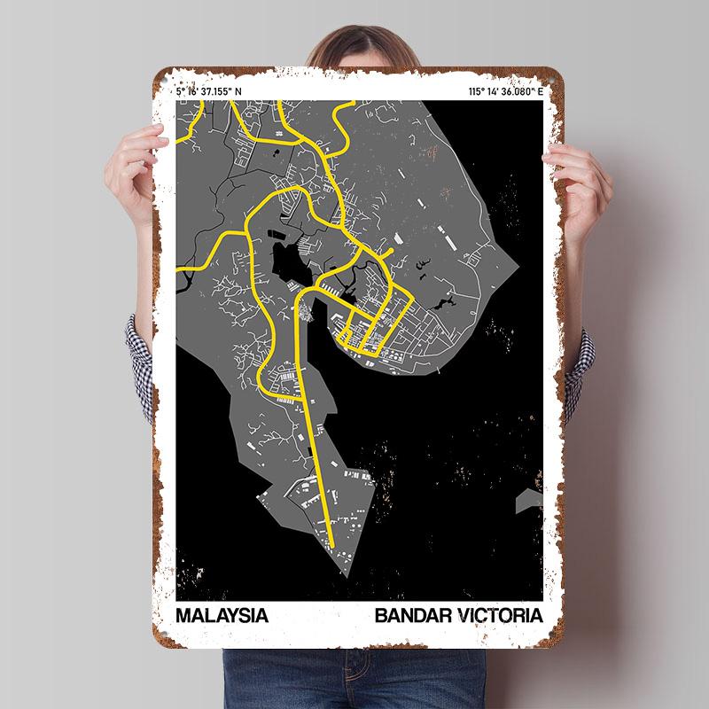 

Bandar Victoria City Street Map Poster Customized Wall Art Vintage Metal Signs Retro Tin Plaque for Man Cave Wand Deko Decor 20x30cm（7.8x11.8inch）