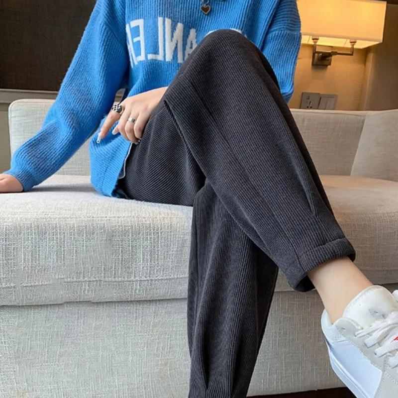 Fall Spring Women's Harem Pants Versatile Casual Loose-Fitting Corduroy Pants with Elastic Waistband Plus Size Long Pants