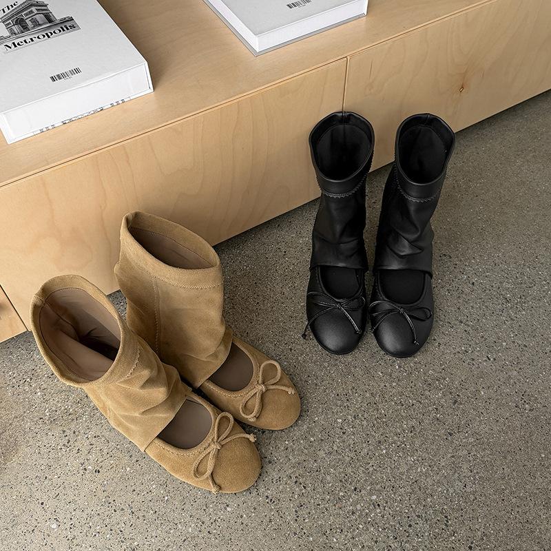 Inner Heightening Cool Boots Breathable Bow Women'S Pile Hollow Round Head Ballet Boots Short Boots Summer Boots