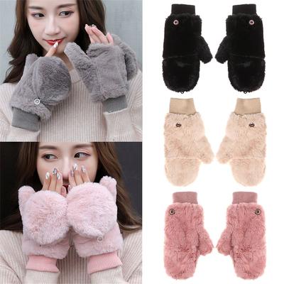 Women Girls Plus Velvet Soft Stretch Thicken Warm Flip Type Gloves Faux Fur Gloves Plush Mittens