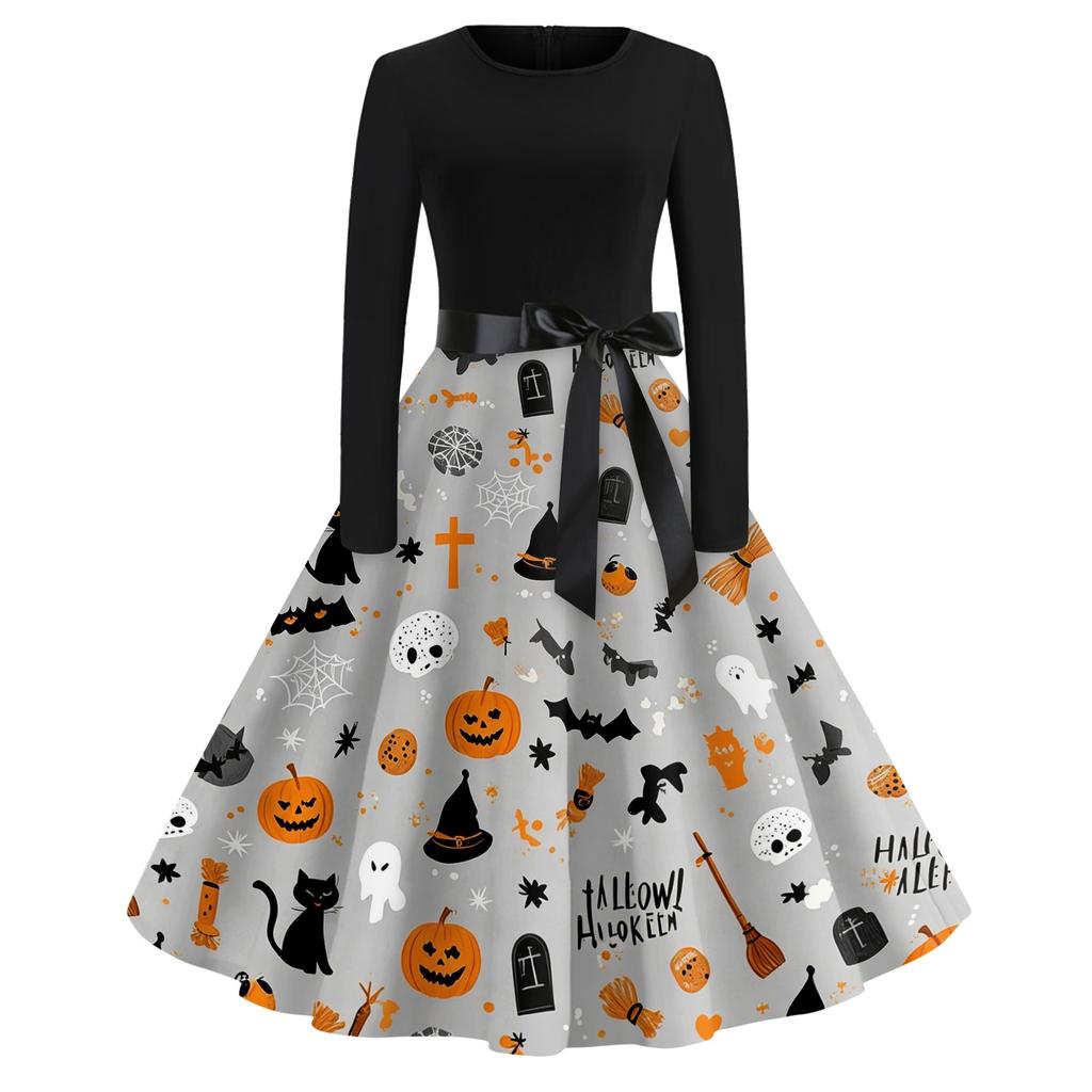Women's Casual Halloween Print Dress Long Sleeve Round Neck Retro Vintage Style Midi Dress with Waist Tie for Everyday Wear