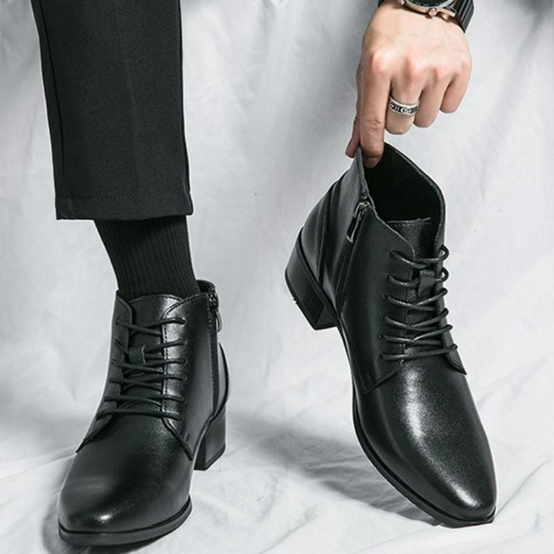 Herrenstiefel Business Lederstiefel Mode Schnürstiefel Knöchelhohe Reißverschluss Freizeitschuhe Spitz zulaufende Plateau Chelsea Stiefel