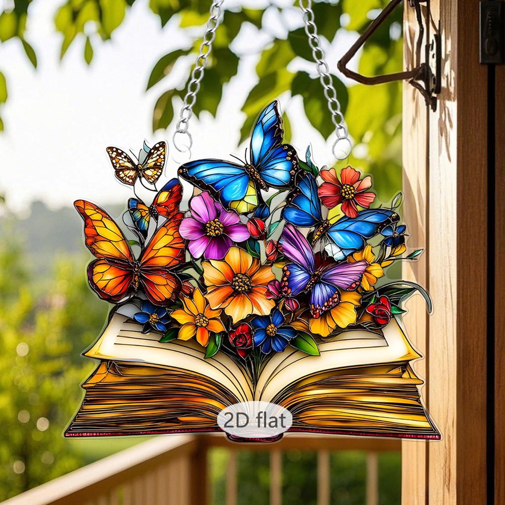 Multicolored Window Hanging Flower Books 2D Flat Plastic Wall Pendants for Door Decors Housewarmings Gift for Women Girls