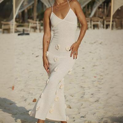 Sling Dress Sexy Dress Three Dimensional Flower Knitted Open Back Lace Up Wrapped Hip Long Dress