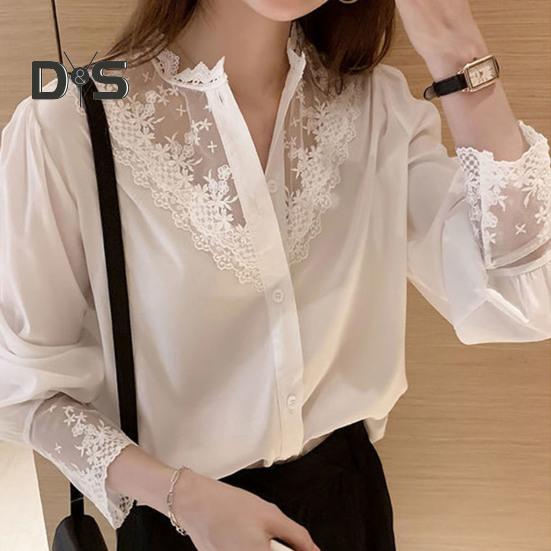 Women Shirt Lace Patchwork Stand Collar Flower Embroidery Single Breasted Long Sleeve Solid Color OL Commute Style Soft Lady Spring Fall Top Blouse