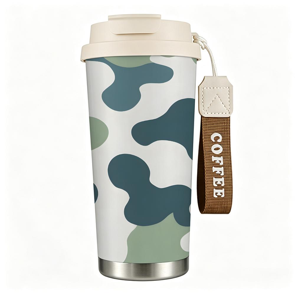 Abstract Blue and Green Camouflage Pattern Insulated Coffee Tumbler Vacuum Thermal Cup for Hot Cold Drinks Office Commute Outdoor