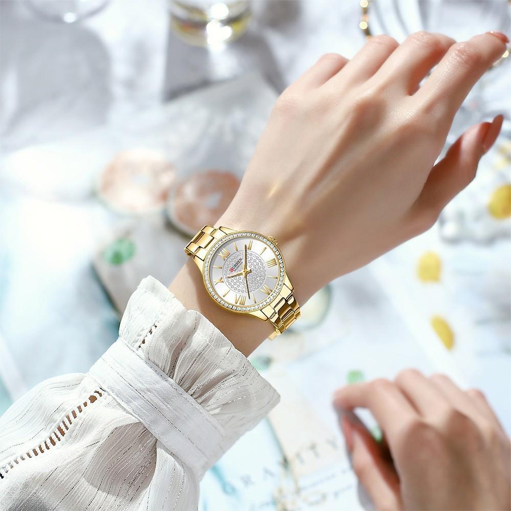 CURREN Fashion Women Gold Watches Luxury Diamond Dial Ladies Wristwatch Stainless Steel Bracelet Waterproof Luminous Classic Female Clock