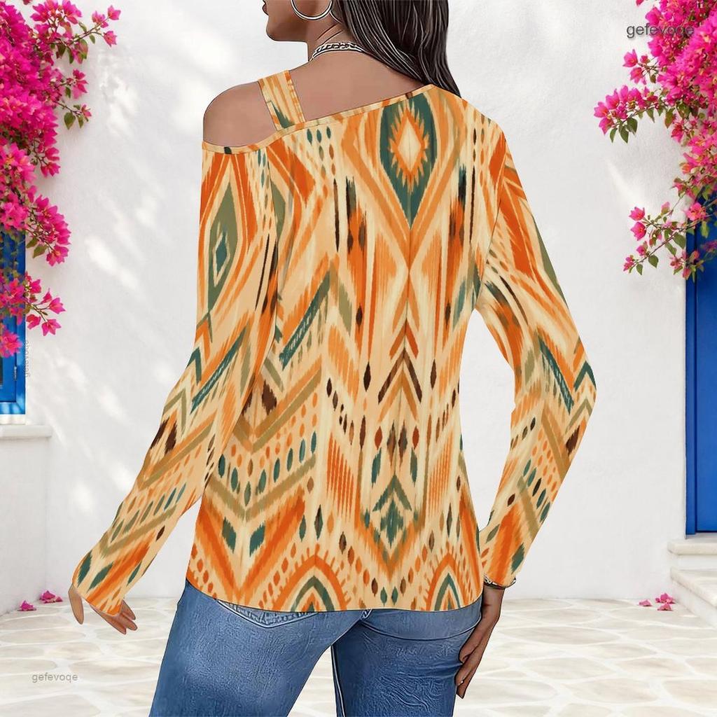 Women Plus Size White Blue Floral Paisley Printed Asymmetric Cutout Neck Cold Shoulder Long Sleeve Fitted Blouse