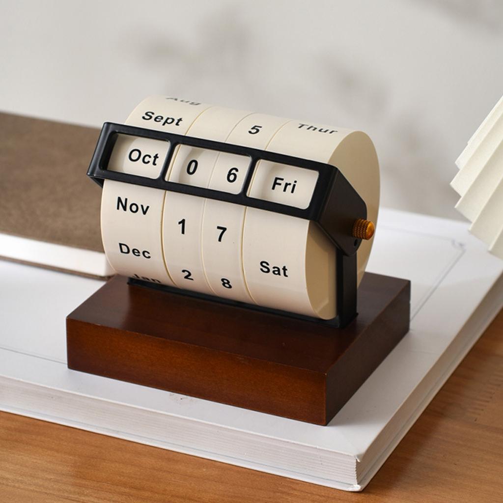 Rotary Calendar Desk Calendar Wood Wheeling Calendar Month Week Day Date Display for Home and Office