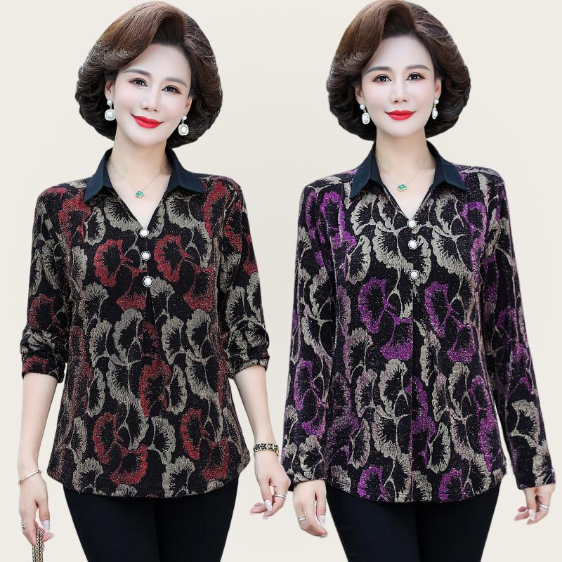 Long-sleeved T-shirt Tops Middle-aged Women's Lapel shiny Shirts Fashionable Bottoming Shirts for Middle-aged and Elderly