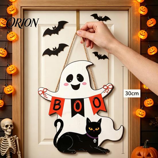 Holiday Party Supplies Halloween Wooden Hanging Sign, Rustic Ghost Bat Black Cat Witch Hat Wall Decor, Balcony Window Decor Spooky Pendant with