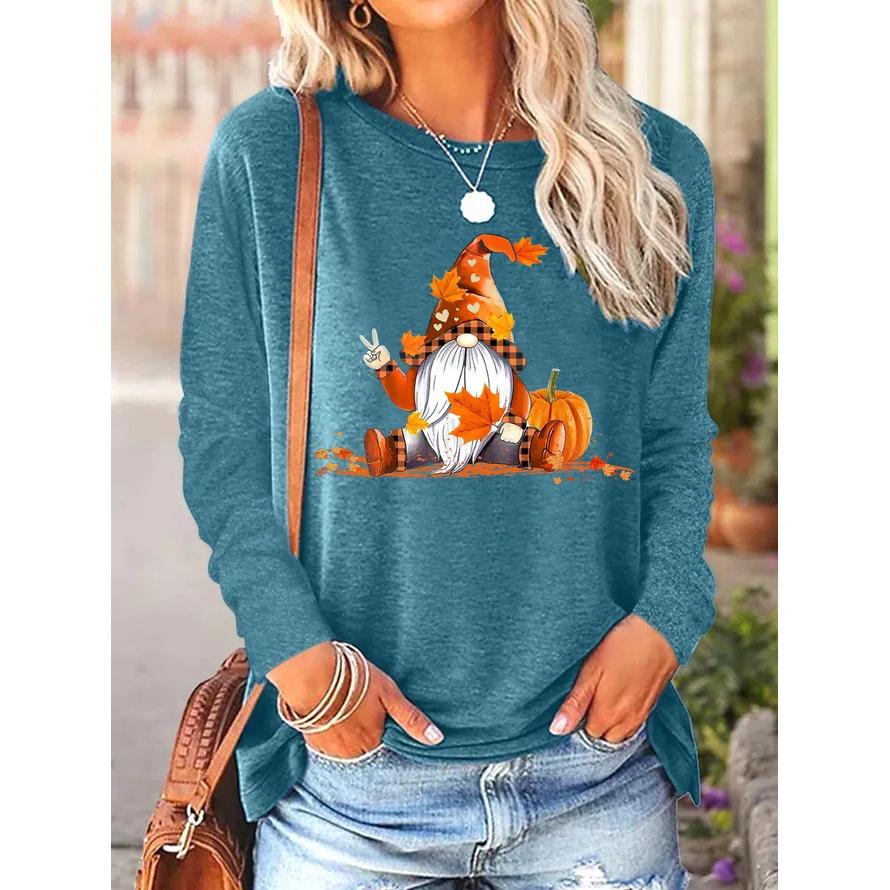 Tricouri cu mânecă lungă cu imprimeu amuzant pentru femei Pulover de zi cu zi Toamna Gnomi Toamna Dovleac Ziua Recunoștinței Topuri casual Harajuku