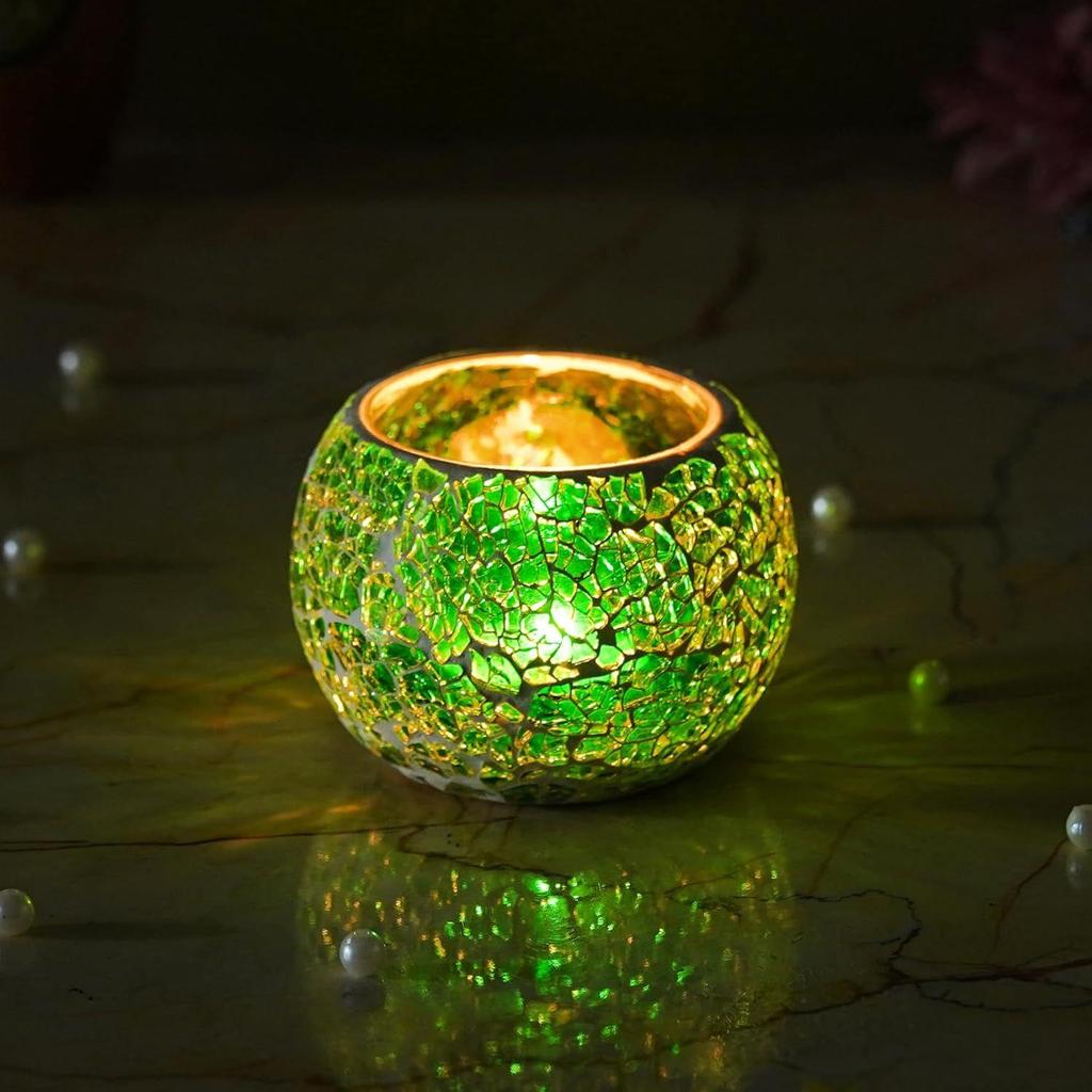 Green Mosaic Glass Decorative Tea Light Candle Holder - Tea Light Holder - T Light Candle Holder for Diwali Decoration Items