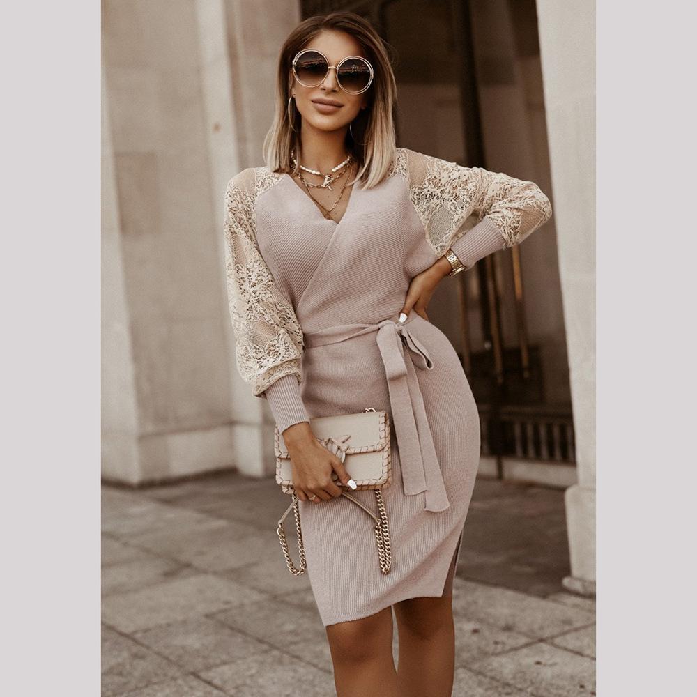 Lace Knitted Dress Autumn and Winter Large Size Female Long-sleeved Slimming Wool Dress