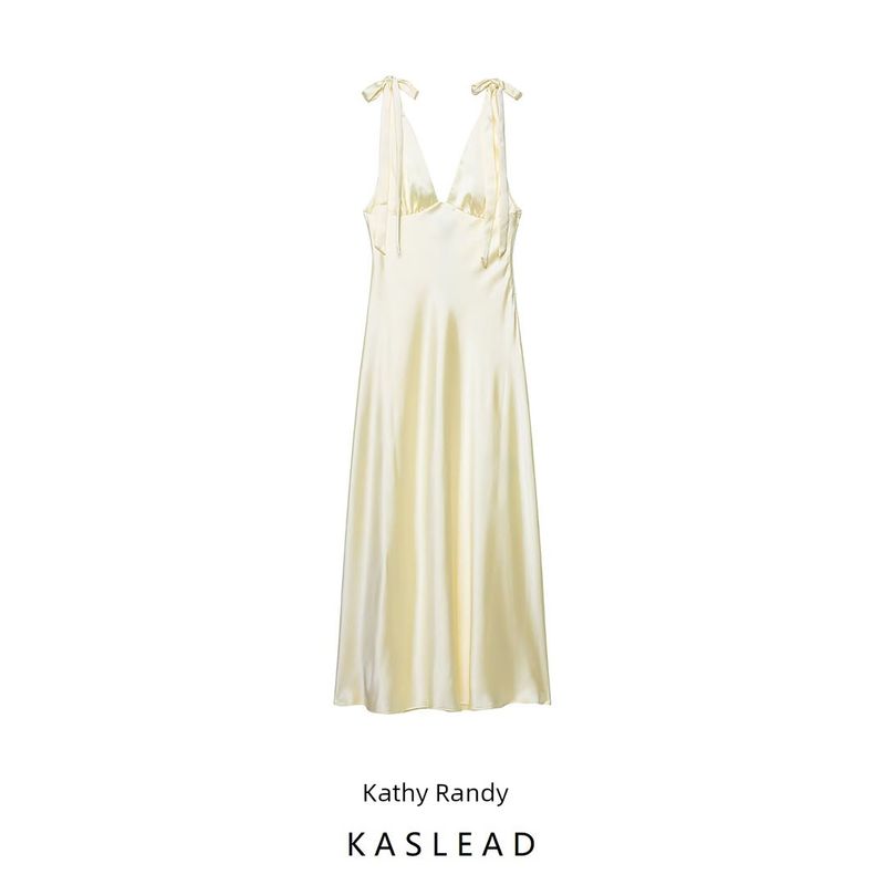 Kaslead New Women Clothes Western Style Bowknot Decoration Silk Satin Texture Midi Dress 8392331