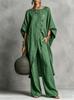 VEZFAA Moda Donna Casual Estate Primavera Colore Solido Stampa Manica 3/4 Scollo O Pantaloni Completi