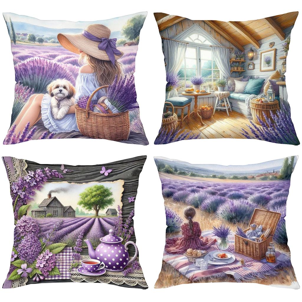 Lavender Themed Decorative Pillows With Country Scenes Polyester pillowcase, sofa decorative cushion cov Headboard Pillow