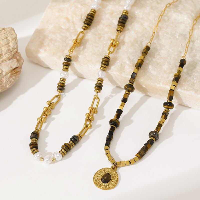 European and American light luxury retro tiger's eye stone necklace women's explosive sweater chain stainless steel collarbone neck chain fashion
